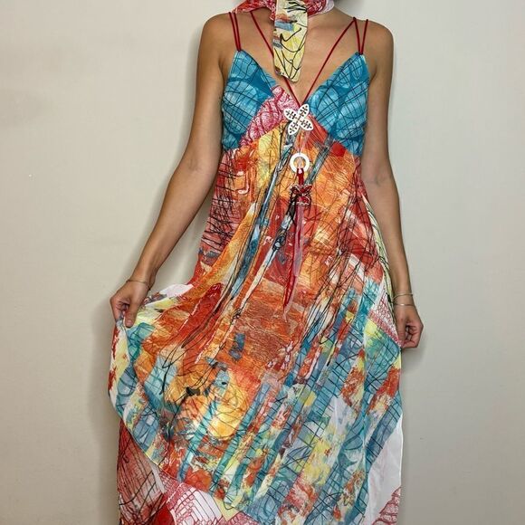 Rare Legatte Maxi Orange Blue Dress Tank Size L - Picture 4 of 11